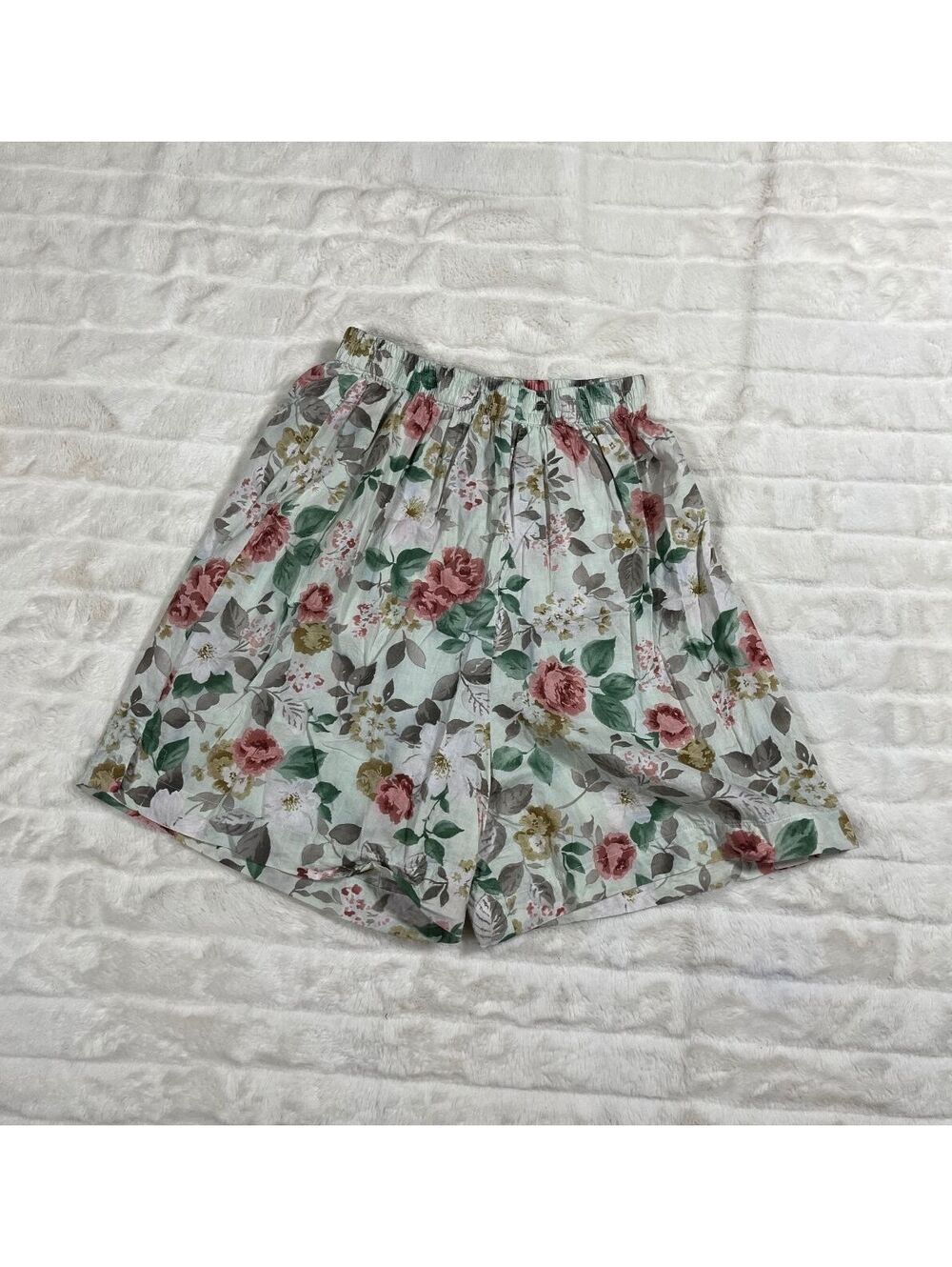 VTG 80s Victoria's Secret Green Red Floral High Waist Pull On Sleep Shorts